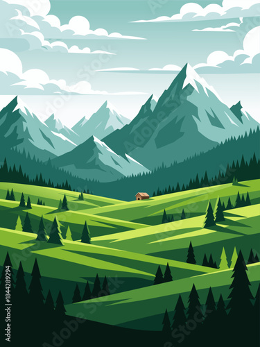 A serene landscape painting of rolling green hills leading to majestic snow-capped mountains under a cloudy sky.