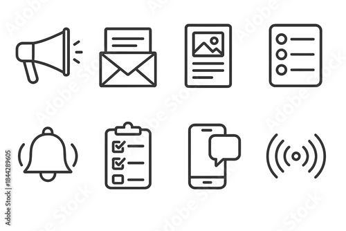Business communication linear icon set. featuring megaphone, email, document, checklist, bell, clipboard, phone, signal