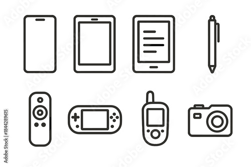 Electronics linear icon set. featuring smartphone, tablet, e-reader, pen, remote, game console, pager, camera symbols