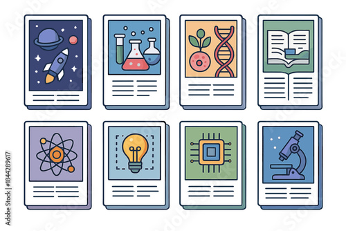 Scientific research flat icon set. featuring rocket, chemicals, dna, book, atom, lightbulb, chip, microscope