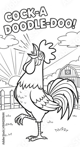 Rooster crowing at sunrise on a farm coloring page with 'cock-a-doodle-doo!' text