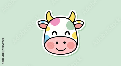 Cute cartoon cow sticker with pastel color spots on soft green background design