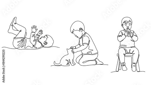 High-Quality Black Continuous Line Art of Children Playing, Eating, and Kicking Legs, Toddlers and Kids Illustrations