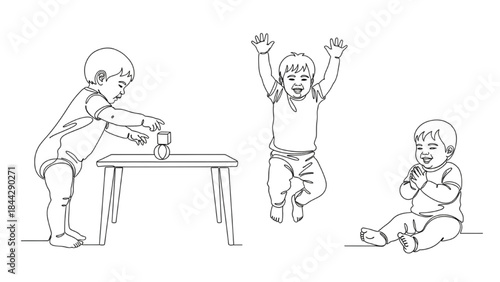 High-Quality Black Continuous Line Art of Children Reaching, Jumping, and Clapping, Toddlers Playing and Celebrating
