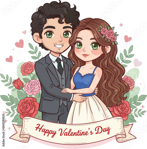 A Valentine's Day Embrace: A charming illustration depicts a couple embracing amidst a backdrop of vibrant roses and heartfelt Valentine's Day messages. 