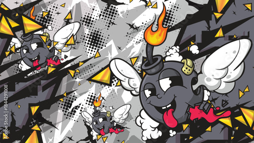 Urban Graffiti Street Art Vector Background with Flying Winged Bombs