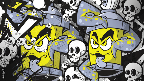 Urban Graffiti Street Art Background with Cartoon Spray Cans and Skulls
