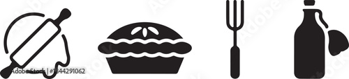 Essential baking and cooking icons featuring a rolling pin pie fork and pouring bottle for culinary designs