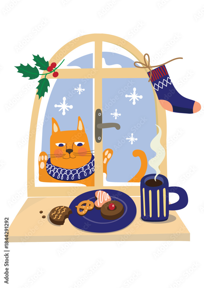 Obraz premium An orange cat, on a snowy day, peeking through the window and looking at a plate of cookies. Christmas scene. Vector illustration