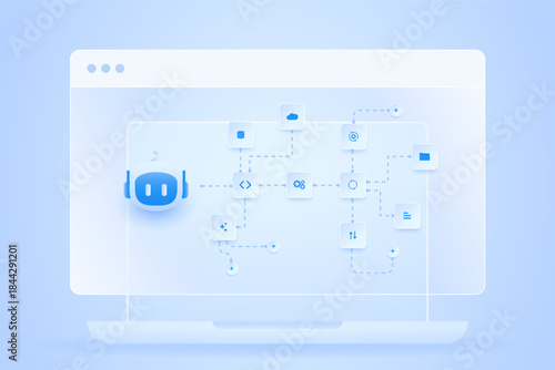 AI workflow automation artificial intelligence. ai agent with workflow diagram dashboard with processing steps, cloud and database integration, branching logic, and automation system.
