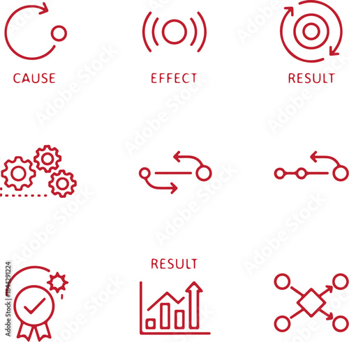 System logic line icons representing cause, effect, process, and result, abstract functional UI symbols, consistent stroke, white background