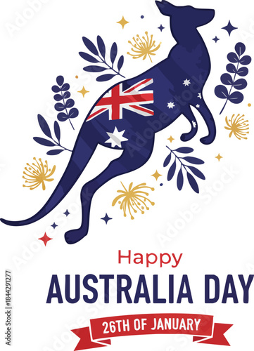 Australia Day Celebration: Festive illustration featuring an iconic kangaroo silhouette filled with the Australian flag, symbolizing the essence of the national holiday.
