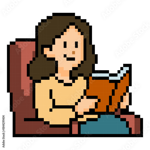 Pixel Woman Reading Book Relaxing