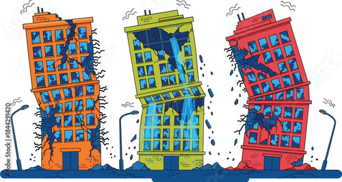 Earthquake-damaged building illustration set showing collapsing structures and cracked walls