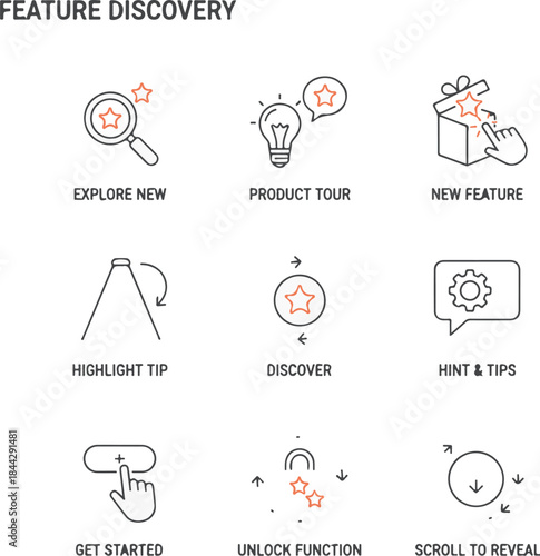  Feature discovery line icons guiding users to explore new tools, tips and hidden functions, onboarding-focused UI icons, white background