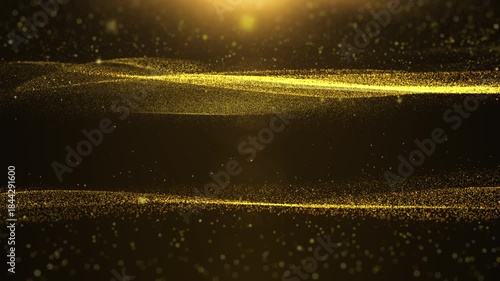 Abstract golden horizontal wave flowing with bokeh for new year festival 4K motion loop. Glittering gold particle background greeting merry Christmas footage with lens flare shinning light.