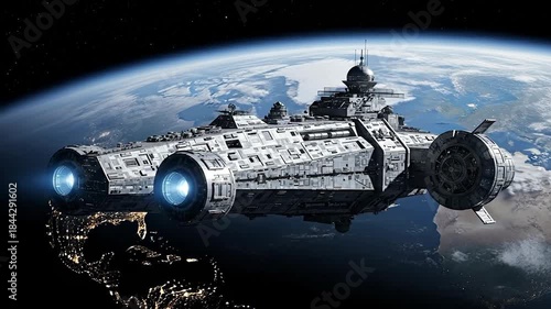 Massive Spaceship Orbiting Earth - A Glimpse into Future Space Exploration and Interstellar Travel.