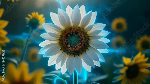 A luminescent white sunflower glows with blue energy amid a field of blurred yellow blooms, creating a dreamlike, ethereal atmosphere