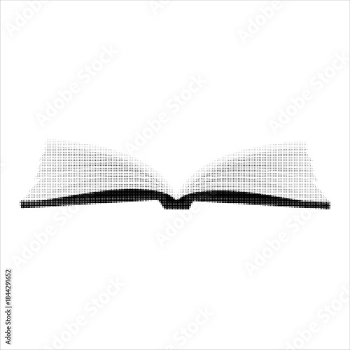 Minimal halftone illustration of an open book. Black and white dotted style symbolizing education, knowledge, learning, literature and reading. Clean modern graphic for editorial and design use.