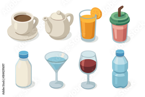 Beverage flat icon set. featuring coffee cup, teapot, orange juice, smoothie, milk bottle, cocktail, wine glass, water bottle