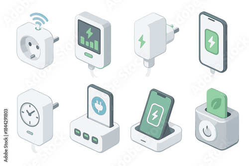 Smart devices isometric icon set. featuring plug, monitor, charger, smartphone, clock, dock, and power switch