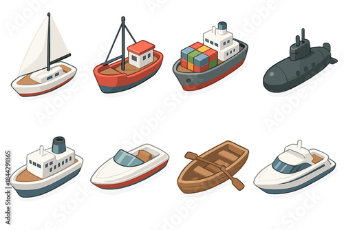 Marine transport flat icon set. featuring sailboat, cargo ship, submarine, motorboat, and yacht icons