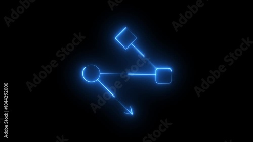 Neon Glowing Workflow Chart Icon Animation on Black Background, Looping Process Diagram, Task Flow, Business Planning, Project Management, Digital Organization Symbol