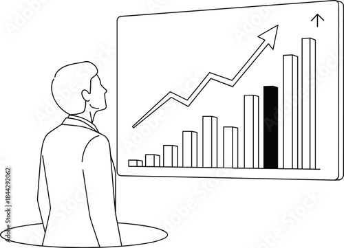 Business analytics illustration showing person analyzing increasing bar graph, perfect for data analysis, finance presentations, strategy concepts, and reports