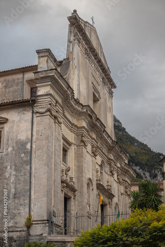 Low angle perspective of ancient rural cathedral with stone architecture