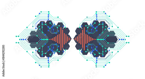 A sophisticated digital illustration featuring mirrored circuit patterns, representing abstract concepts of artificial intelligence, data flow, and interconnected neural networks.