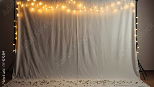 Softly Lit Backdrop with String Lights and Scattered Petals for Events and Celebrations
