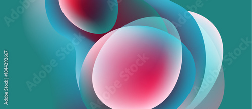 Abstract shapes overlap, creating vibrant color blends. Turquoise, pink, blue hues dominate composition. Smooth gradients suggest fluidity.