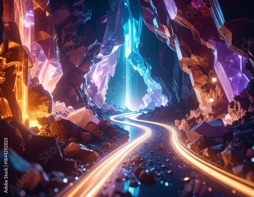 Winding road with glowing light trails through cave of vibrant crystals—blue, purple, orange—dynamic motion, surreal atmosphere, blending magical geology with futuristic energy and visual wonder.