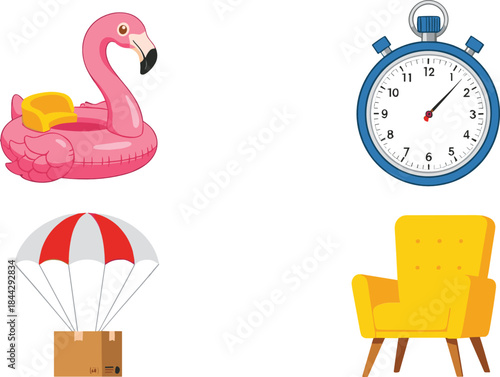 Collection of colorful vector illustrations featuring inflatable flamingo float, stopwatch timer, parachute delivery box, and modern yellow armchair.