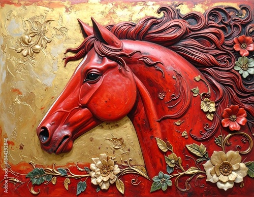 Stylized relief of red horse head with flowing mane, ornate floral decorations in gold and green, textured background, vibrant palette, blending fantasy, elegance, and intricate artistic detail.