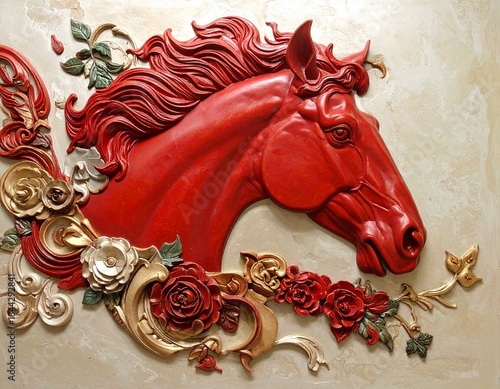 Stylized relief of red horse head with flowing mane, ornate floral decorations in gold and green, textured background, vibrant palette, blending fantasy, elegance, and intricate artistic detail.