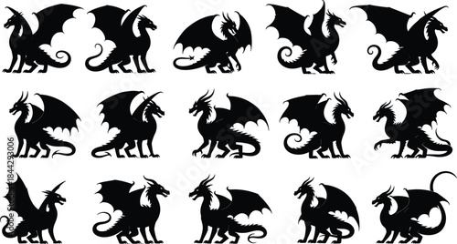 A collection of powerful black dragon silhouettes, illustrating fifteen unique mythical winged beast poses, perfect vector elements for fantasy, gaming, medieval,