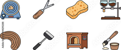 A collection of pottery and ceramic making tools and equipment icons, including a wheel, kiln, sponges, and various hand tools.