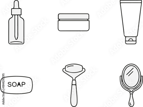 A collection of line art icons depicting various skincare and beauty products and tools for personal care routines.