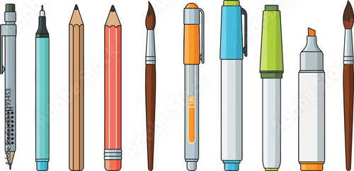 Collection of writing and drawing tools including pens, pencils, markers, and brushes, perfect for art projects, office designs, and creative illustrations