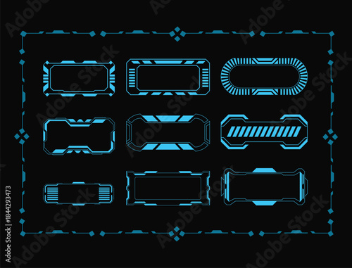 Futuristic HUD Interface Elements Set with Blue Neon Stroke for Sci-Fi Game UI and Digital Technology Design