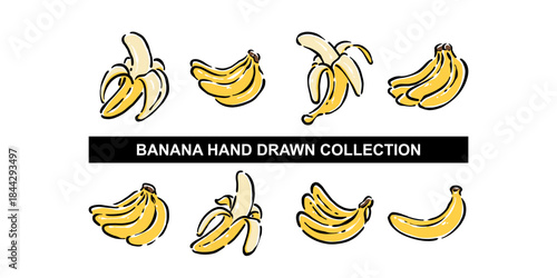 Set of banana hand drawn illustration colored collections. Perfect for nutrition, diet content, meal prep, and educational design.