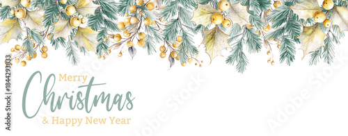Christmas nature design border with green fir branches and gold holly with berries, watercolor illustration. Greeting banner template. Winter holidays forest