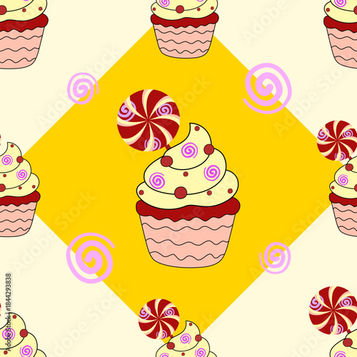 Seamless Cupcake Candy Pattern with Swirl Lollipops on Yellow Background