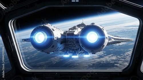 Futuristic Spaceship Orbiting Earth as Seen from Another Spacecraft Window.