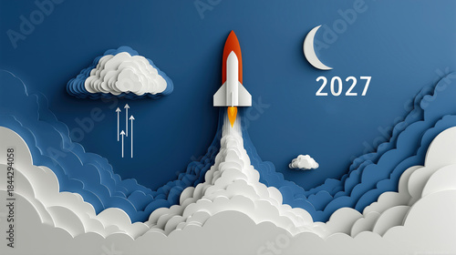 Paper cut rocket launch into night sky with clouds, crescent moon, and 2027 text. Conceptual 3D craft illustration of future, business growth, new year goals, and ambition