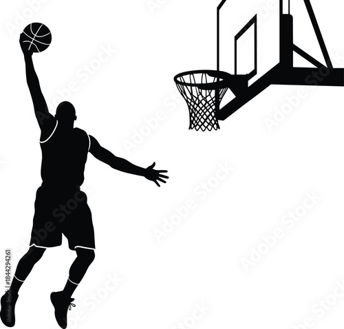 Dynamic professional basketball player silhouette performing an incredible slam dunk high above the hoop, showcasing power, athleticism, competitive sports action, 