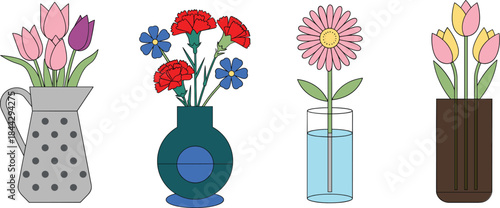 Colorful flower vase illustration set featuring tulips, daisies, and mixed blossoms in decorative containers