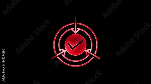 Neon Glowing Approval Icon Animation Loop on Black Background, Circular Arrows with Check Mark, Confirmation Success Process Symbol for UI, App Interface, Futuristic Digital Technology