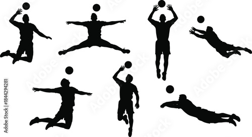 Dynamic Silhouettes of Volleyball Players in Action Isolated on White Background Representing Competitive Sport Training Exercise Teamwork and Athleticism in Different Poses Vector Illustration